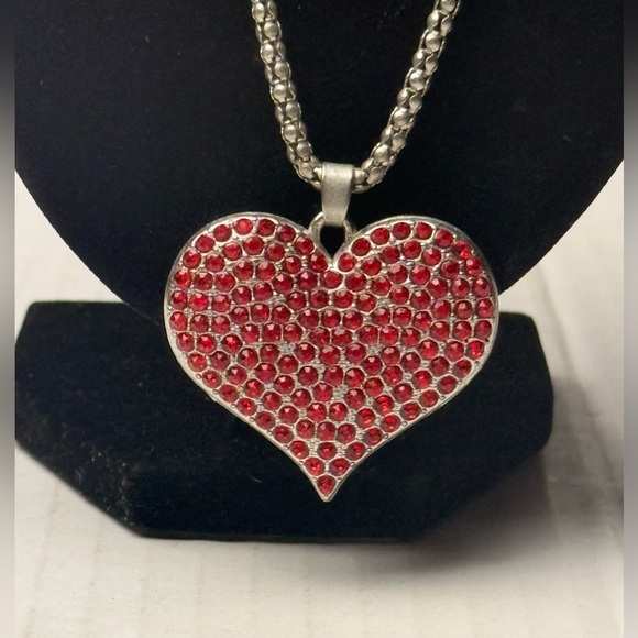 Brighton Valentine Puff Heart Necklace Red Crystals Silver Plated Chain Popcorn - Picture 2 of 7